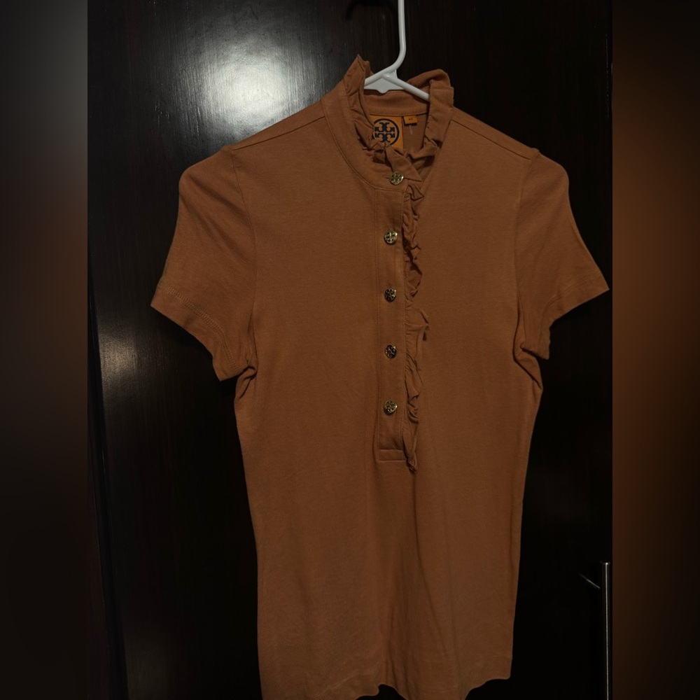Womens orange tory burch collared shirt logo gold buttons, xs
